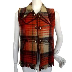 VINTAGE Vest, S, Wooly Plaid, Red/Blue, Reversible, Dagger collar, Pockets